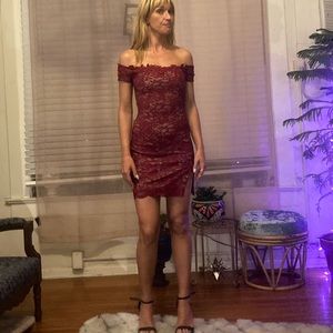 Off shoulder sparkly red mini dress